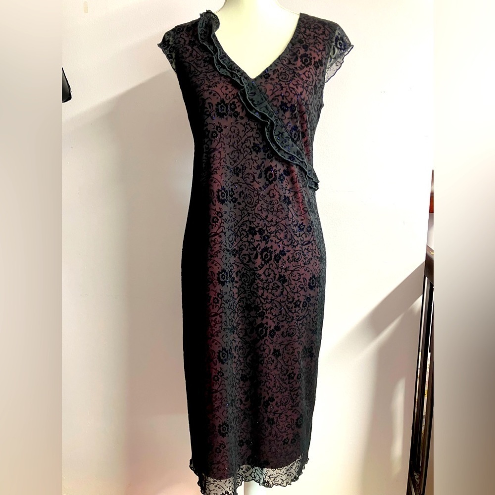 Women’s Lace Capped Sleeve Dress, Size 6, Velvet Overlay, Black/Dk Rose